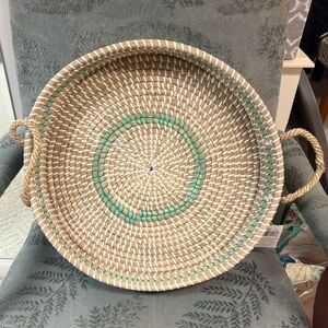 Handwoven Beige and Green Basket Tray